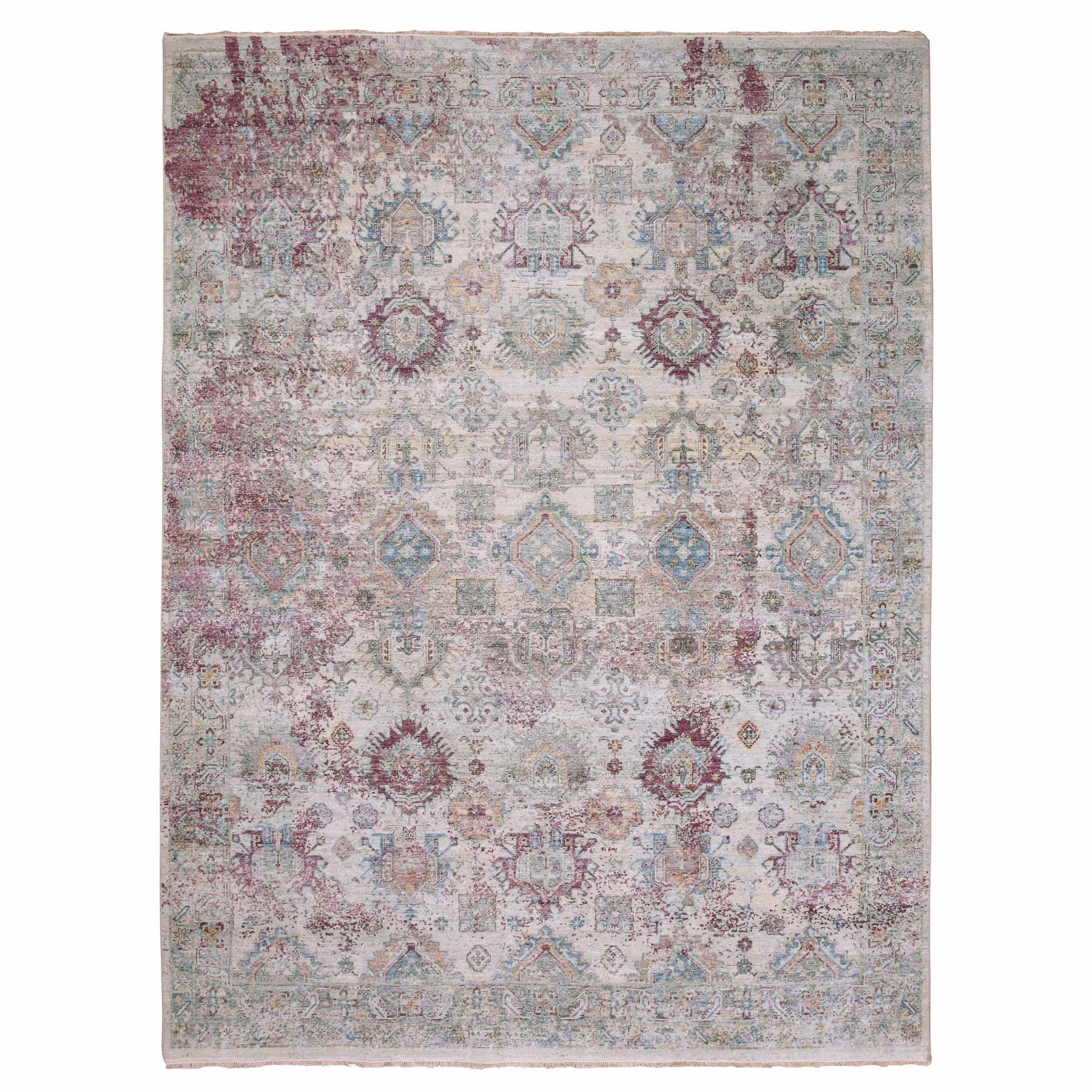 9'x12' Stone Washed, Hand Knotted Caucasian Gul Motifs, Zero Pile with Distinct Abrash, Distressed and Sheared Down Pure Wool, Oriental Rug 
